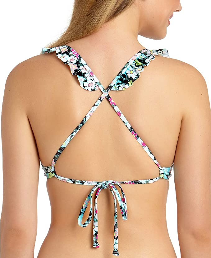 California Waves Juniors' Floral Ruffle X-Back Underwire Push-Up Bikini Top Color Blue Multi Size L