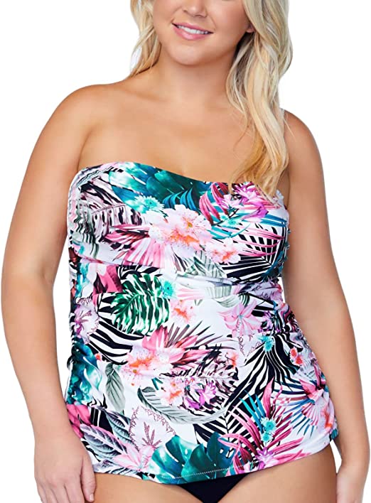 RAISINS CURVE Women's Print Bandeau Tankini Swimsuit Top Color White Tropical Size 14W