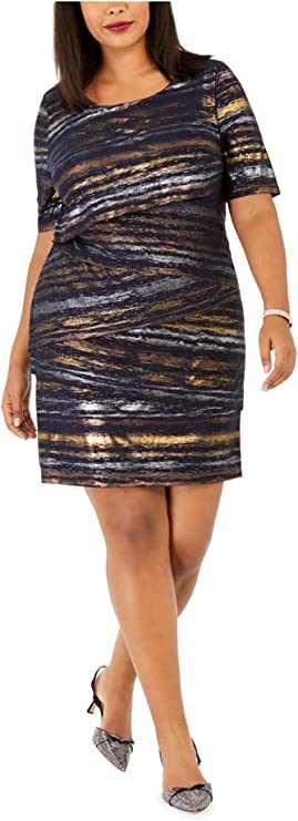 Connected Plus Women's Tiered Metallic Sheath Dress Color Navy Size 20W