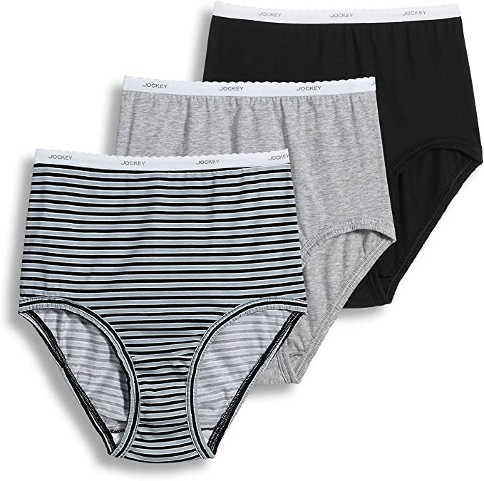 Jockey Women's Plus Size Classics Full Cut Brief 3-Pack Grey Heather/Simple Stripe/Black Briefs Size 9/3XL