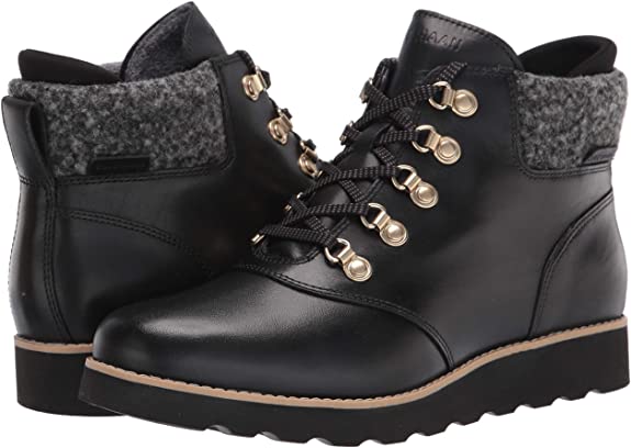 Cole Haan Women's Nantucket Rugged Waterproof Hiker Bootie Hiking Boot Color Black Wp Leather/Black Rustic Wool Size 7.5B