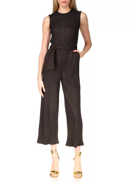 MICHAEL Michael Kors Petites Sleeveless Metallic Knit Jumpsuit Color Black/Gold Size PS