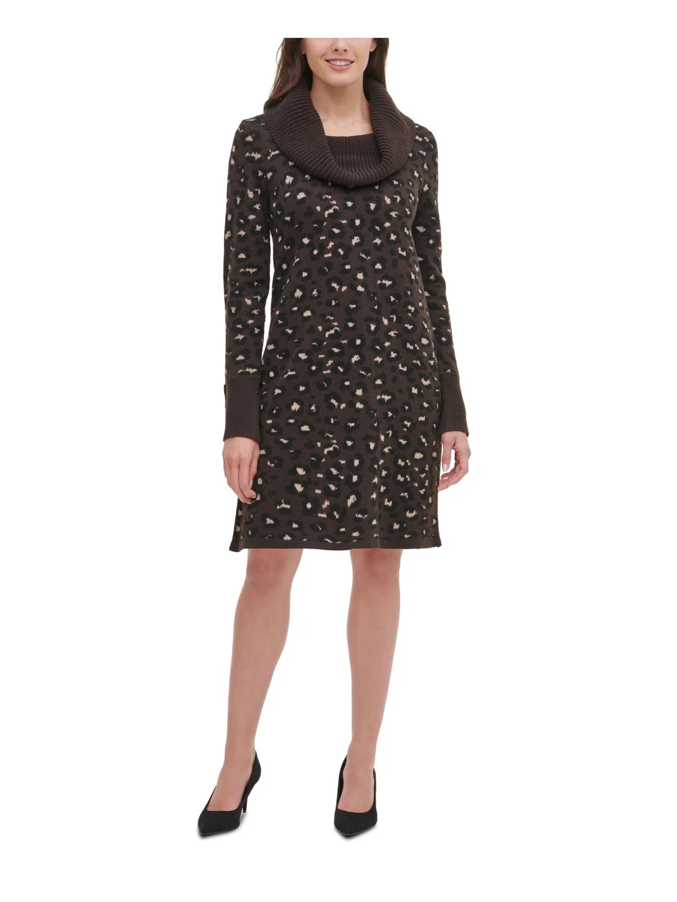 TOMMY HILFIGER Women's Animal Print Long Sleeve Cowl Neck Knee Length Shift Dress Color Brown Size L