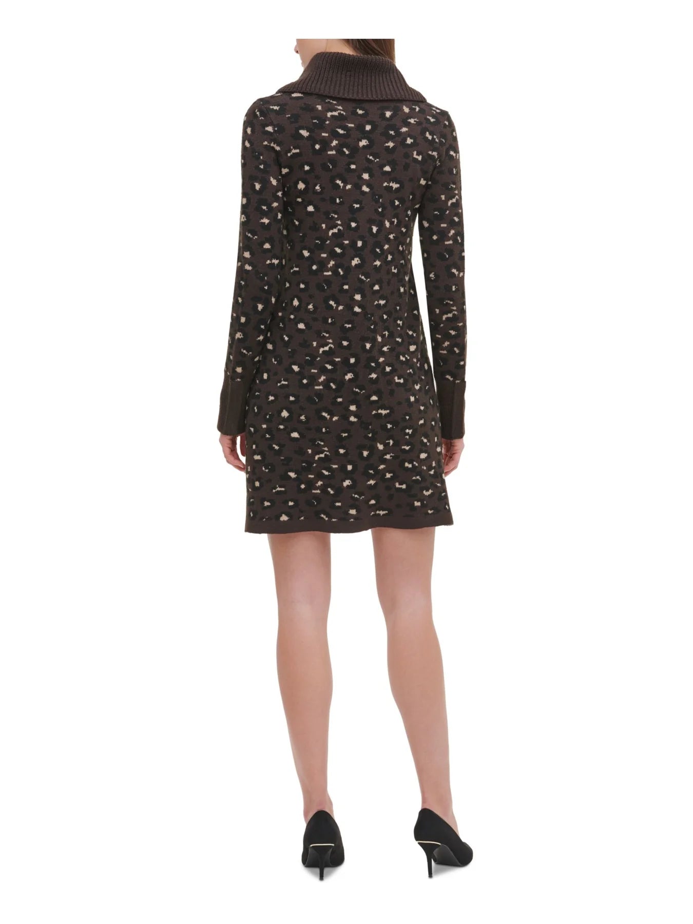 TOMMY HILFIGER Women's Animal Print Long Sleeve Cowl Neck Knee Length Shift Dress Color Brown Size L