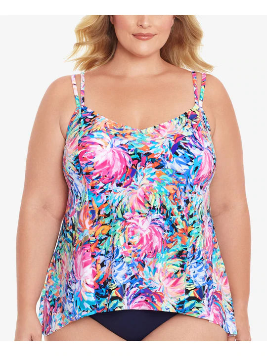 SWIM SOLUTIONS Women's Printed Stretch Full Bust Support Handkerchief-Hem Lined Deep Tankini Multicolor Size 18W