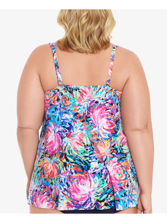 SWIM SOLUTIONS Women's Printed Stretch Full Bust Support Handkerchief-Hem Lined Deep Tankini Multicolor Size 18W