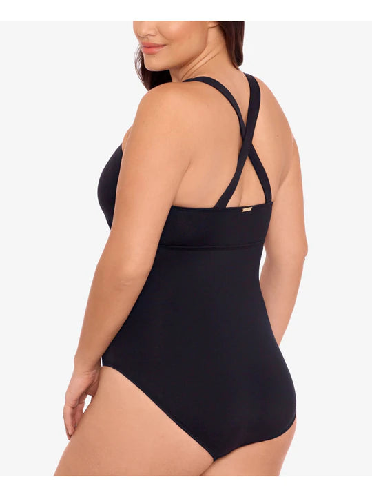 LAUREN RALPH LAUREN Women's Tummy Control Non-Removable Cups Cutout Scoop Neck One Piece Swimsuit Color Black Size 18W
