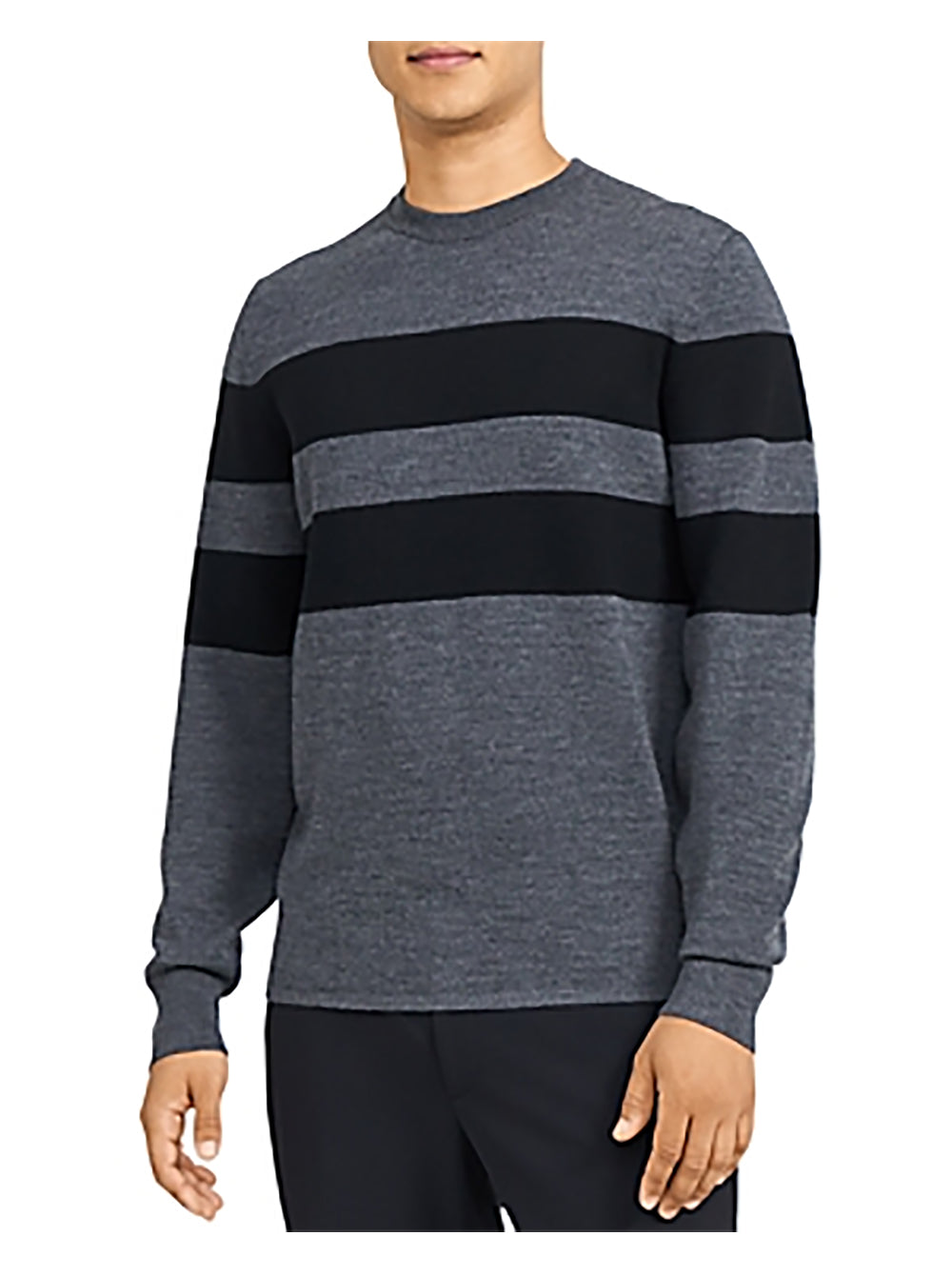 Theory Men's Arnauld Striped Crewneck Merino Sweater Color Gray/Black Stripe Size XL