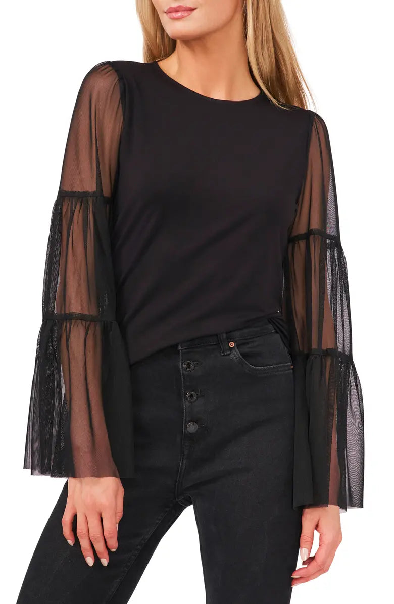 Vince Camuto Women's Mixed-Media Tiered-Sleeve Top Color Rich Black Size XS