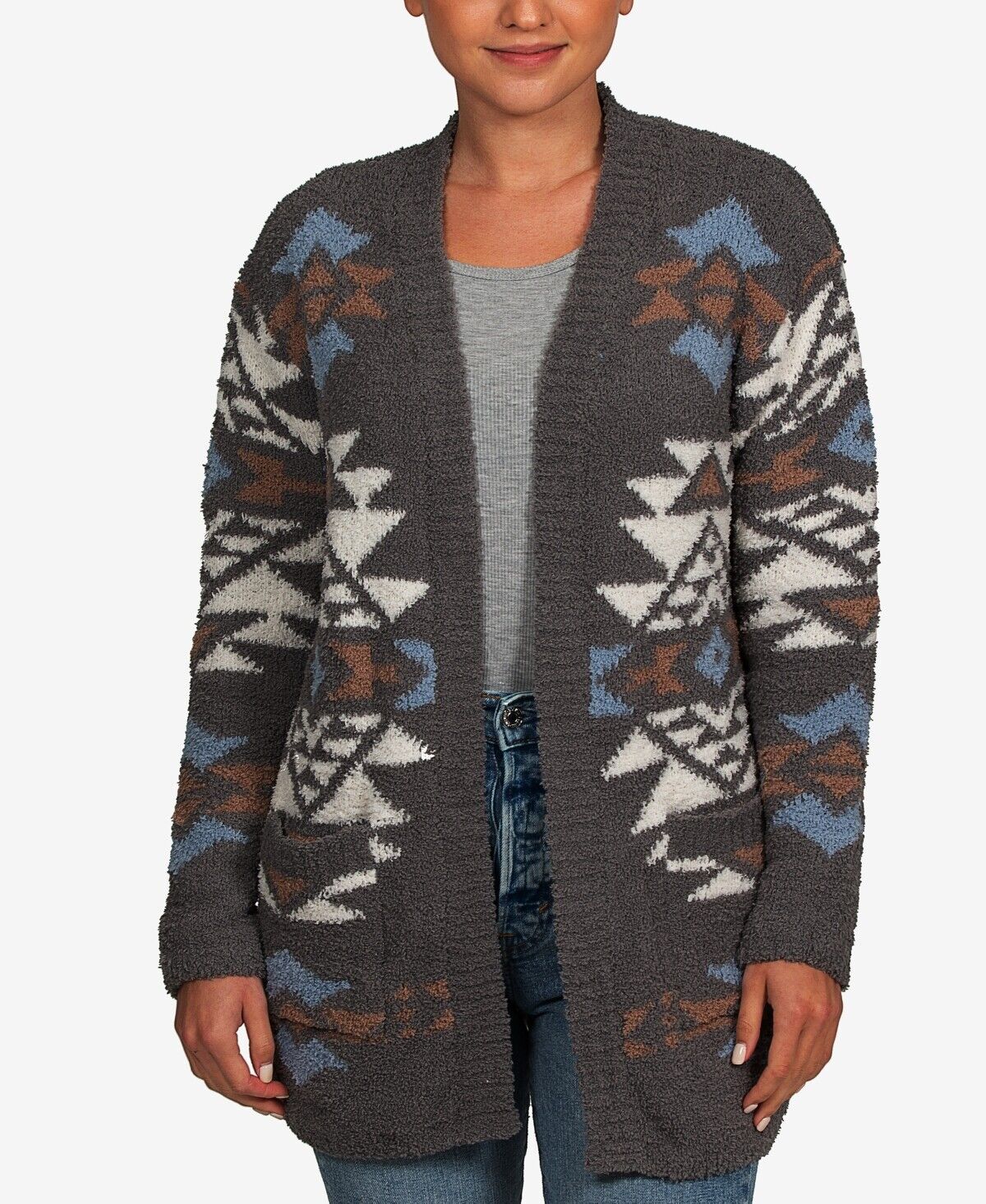 Hippie Rose Juniors' Geo-Print Open-Front Cardigan Sweater Color Gray Size S