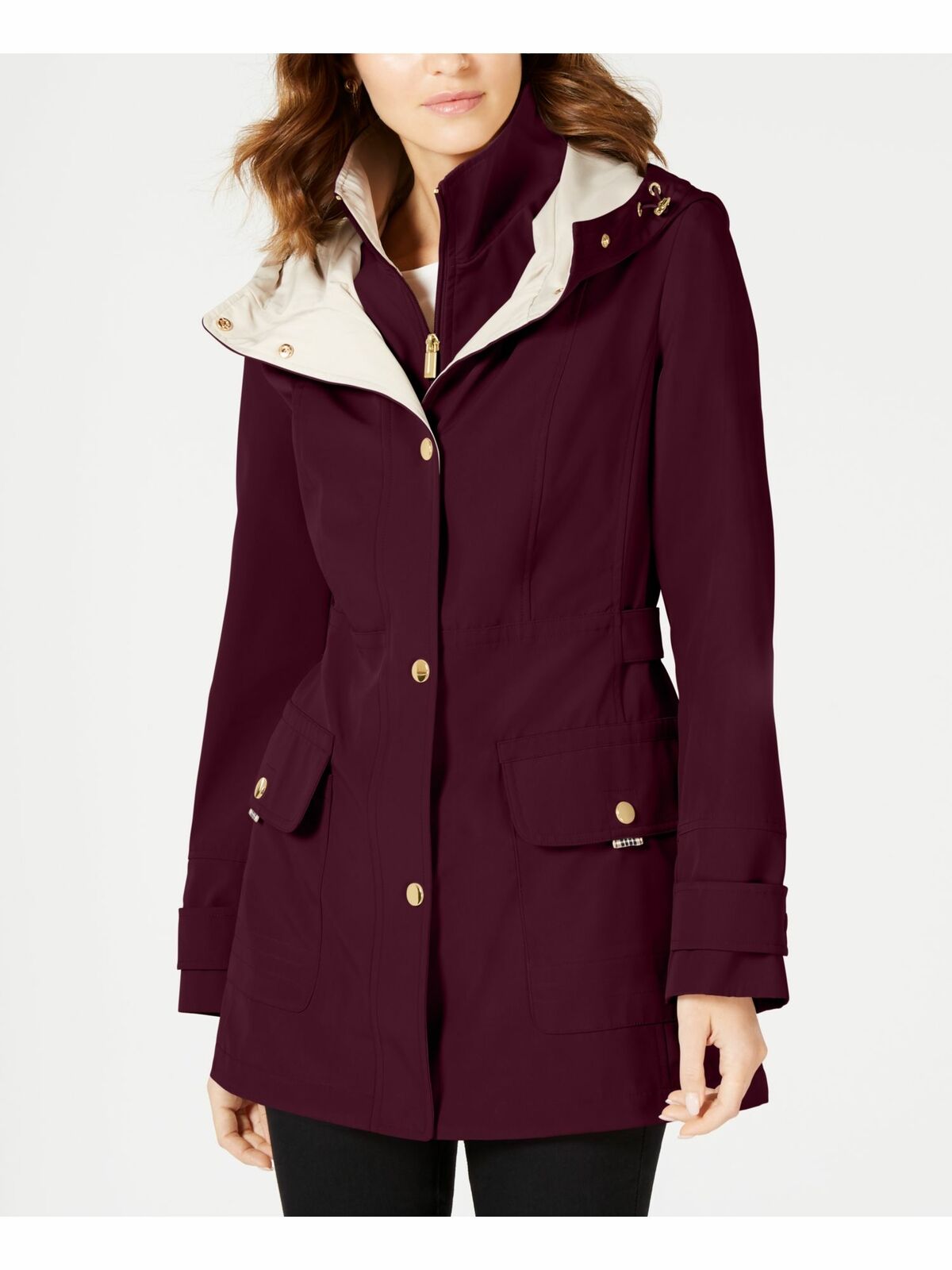 JONES NY Womens Maroon Pocketed Hooded Buttoned Raincoat Size L