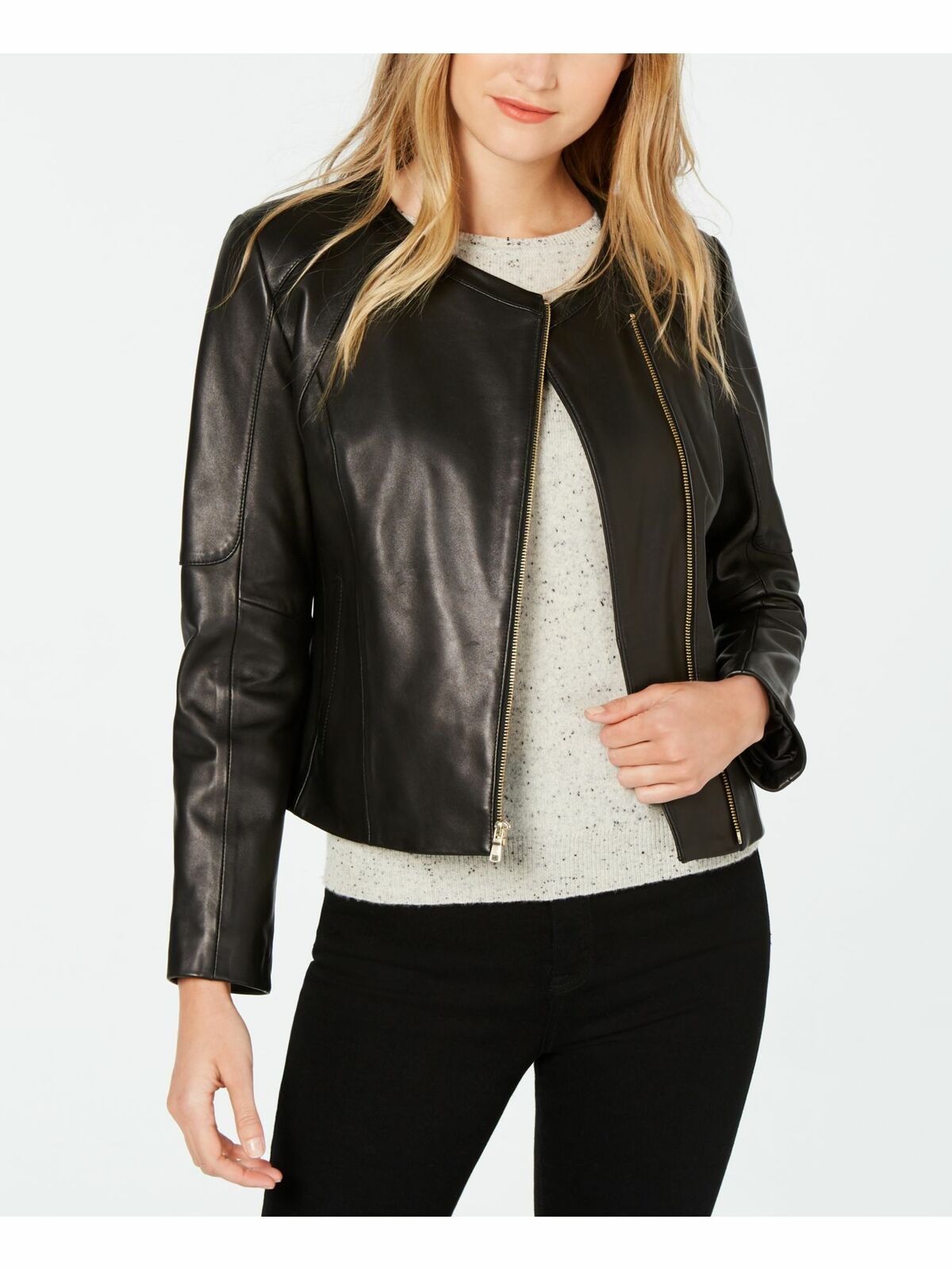 COLE HAAN Women's Leather Motorcycle Coat Color Black Size XS