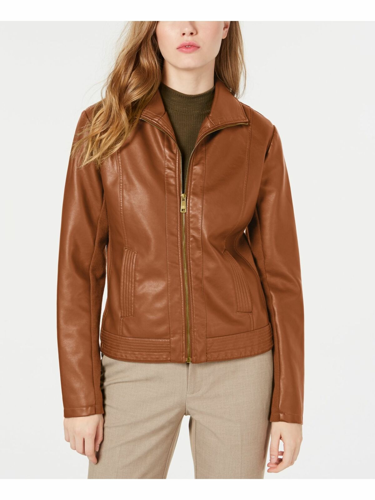 KENNETH COLE Womens Brown Faux Leather Zip Up Jacket 17LWU679 Size 2X