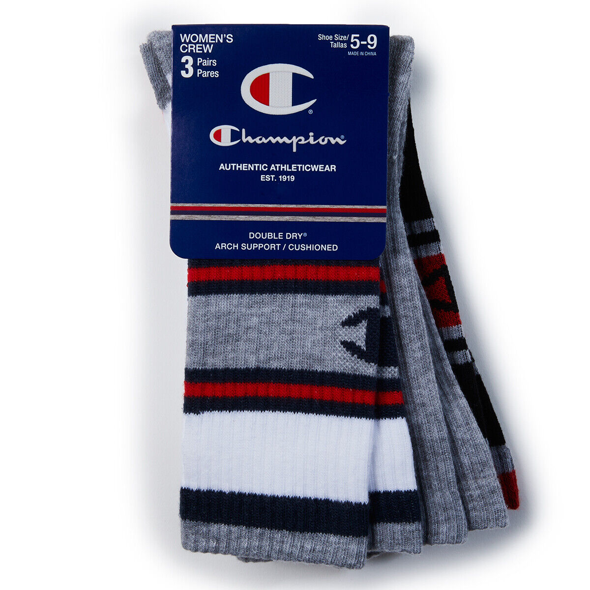 Champion Women's Double Dry Arch Support Crew Socks, 3 Pack Multicolor Shoe Size 5-9