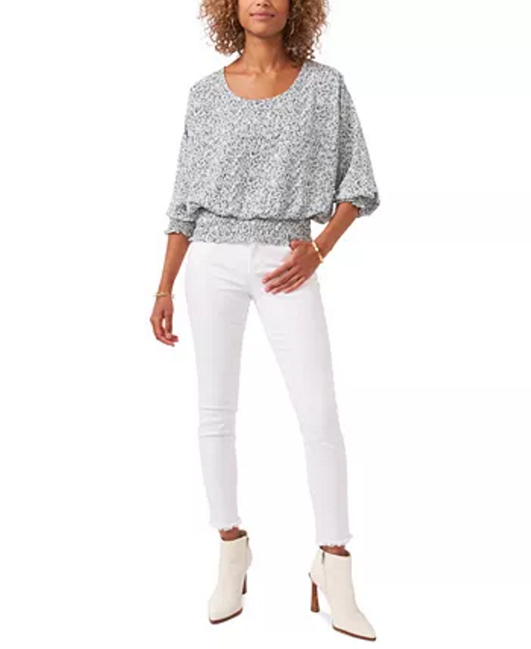 Vince Camuto Printed Smocked-Hem Peasant Top Color New Ivory Size M
