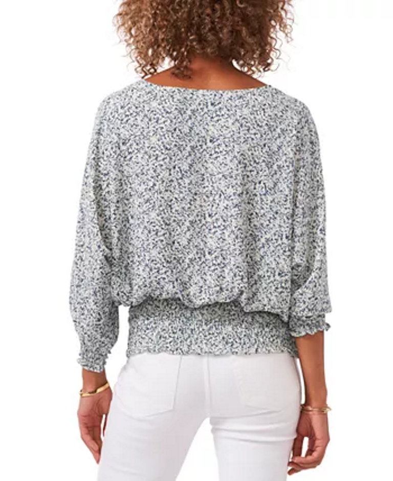Vince Camuto Printed Smocked-Hem Peasant Top Color New Ivory Size M