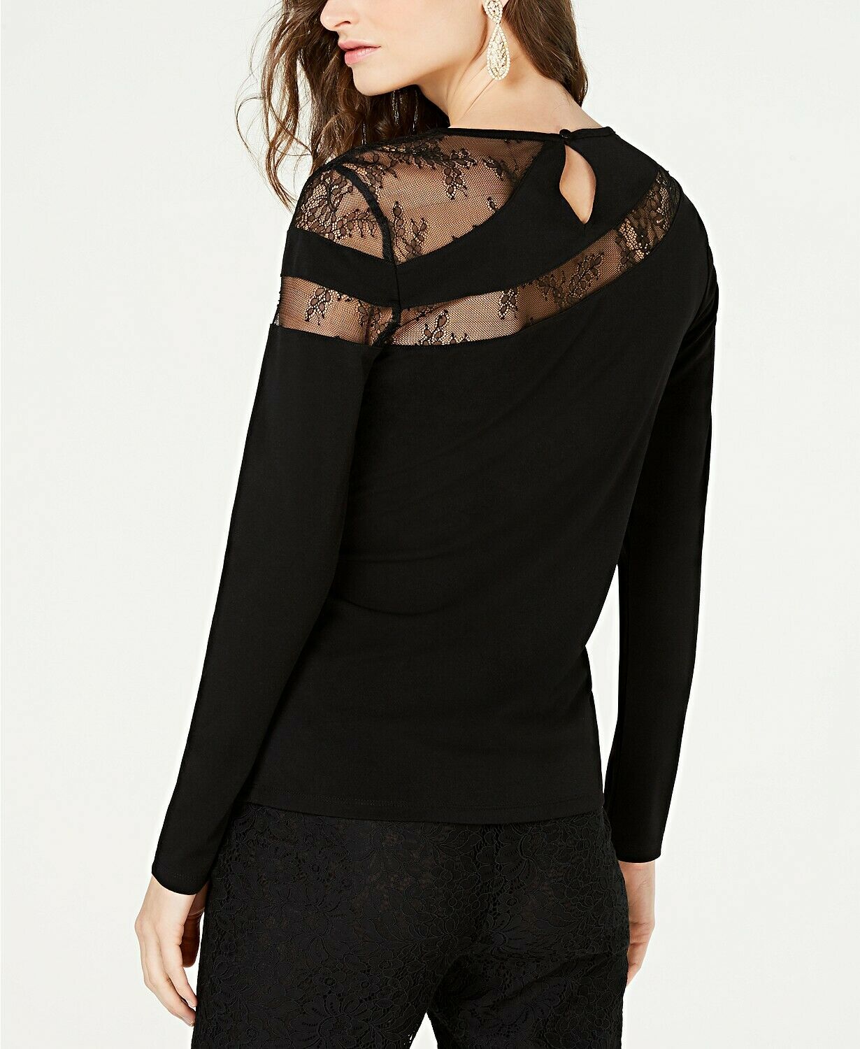INC International Concepts Women's Long-Sleeve Illusion-Lace Top Color Deep Black Size L