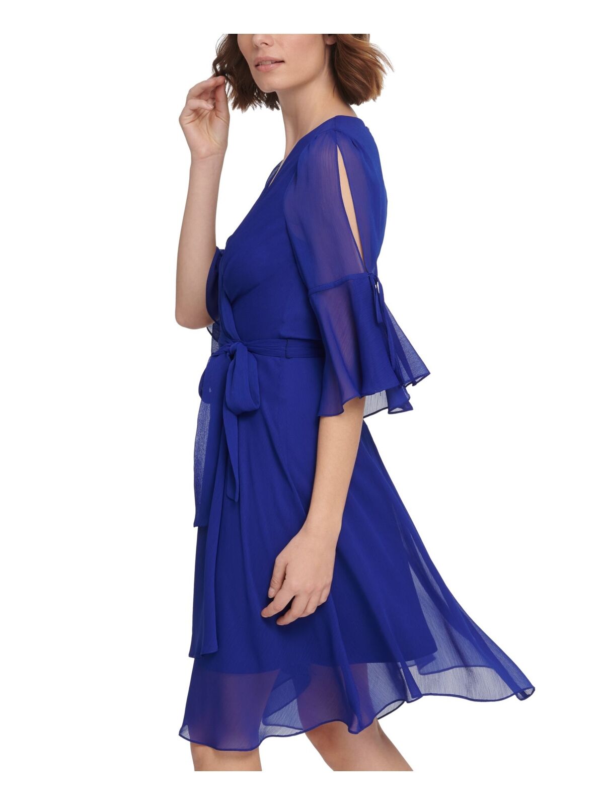 DKNY Womens Tie Flutter 3/4 Sleeve Faux Wrap Dress Color Blue Size 2