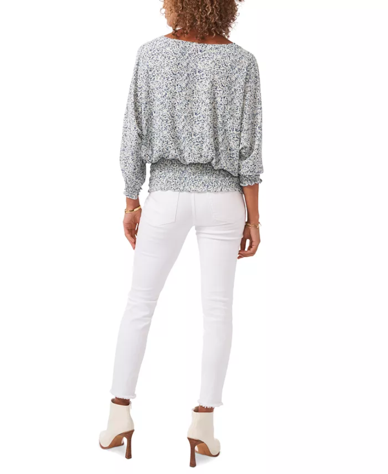 Vince Camuto Printed Smocked-Hem Peasant Top Color New Ivory Size M