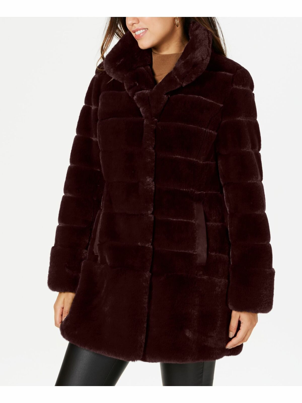 Jones New York Women’s Burgundy Faux Fur Stand Collar Coat J29770X-ME Size XS