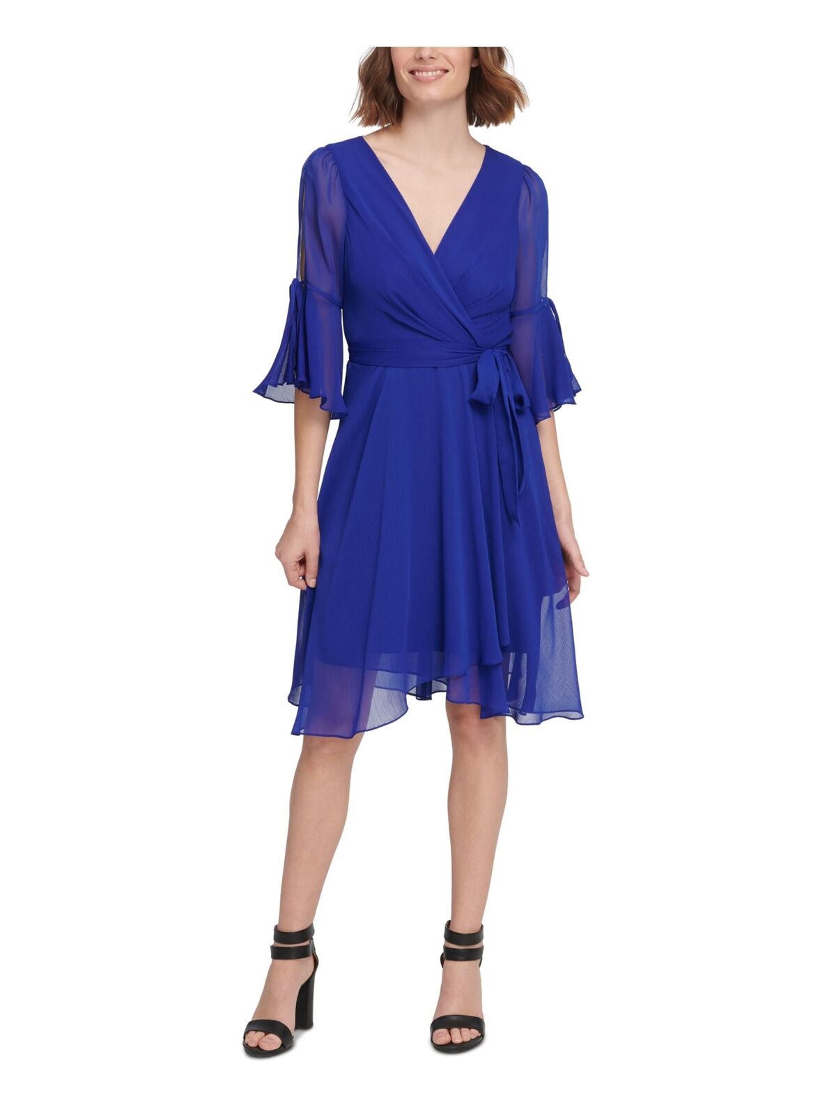 DKNY Womens Tie Flutter 3/4 Sleeve Faux Wrap Dress Color Blue Size 2 – DDT Boutique