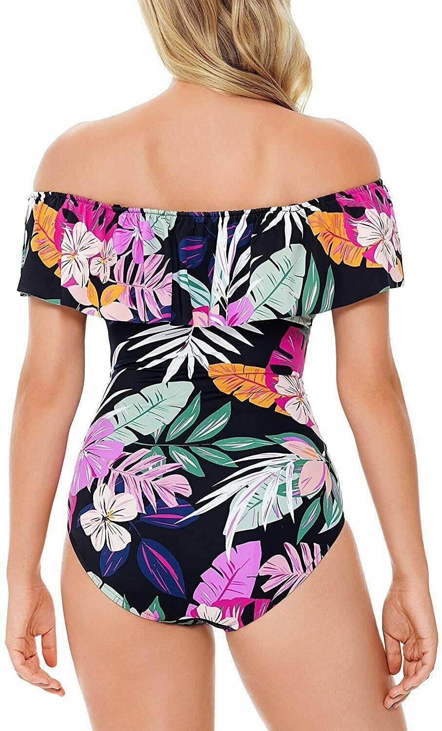 Swim Solutions Deco Off the Shoulder One-Piece Swimsuit Color Black Size 14