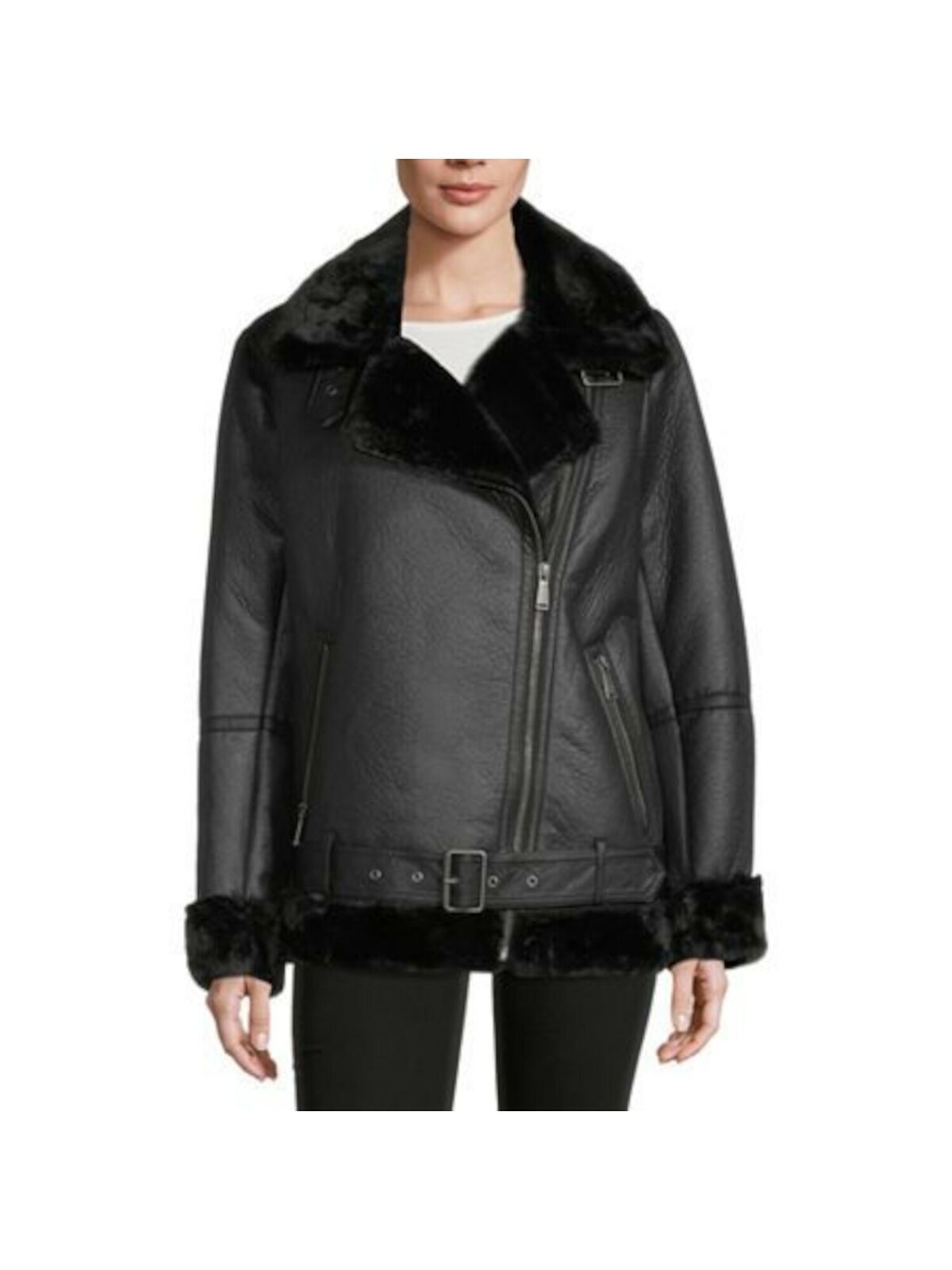 BCBGENERATION Women’s Black Faux Suede Faux Fur Motorcycle Coat Color Black Size S Style B524154T74