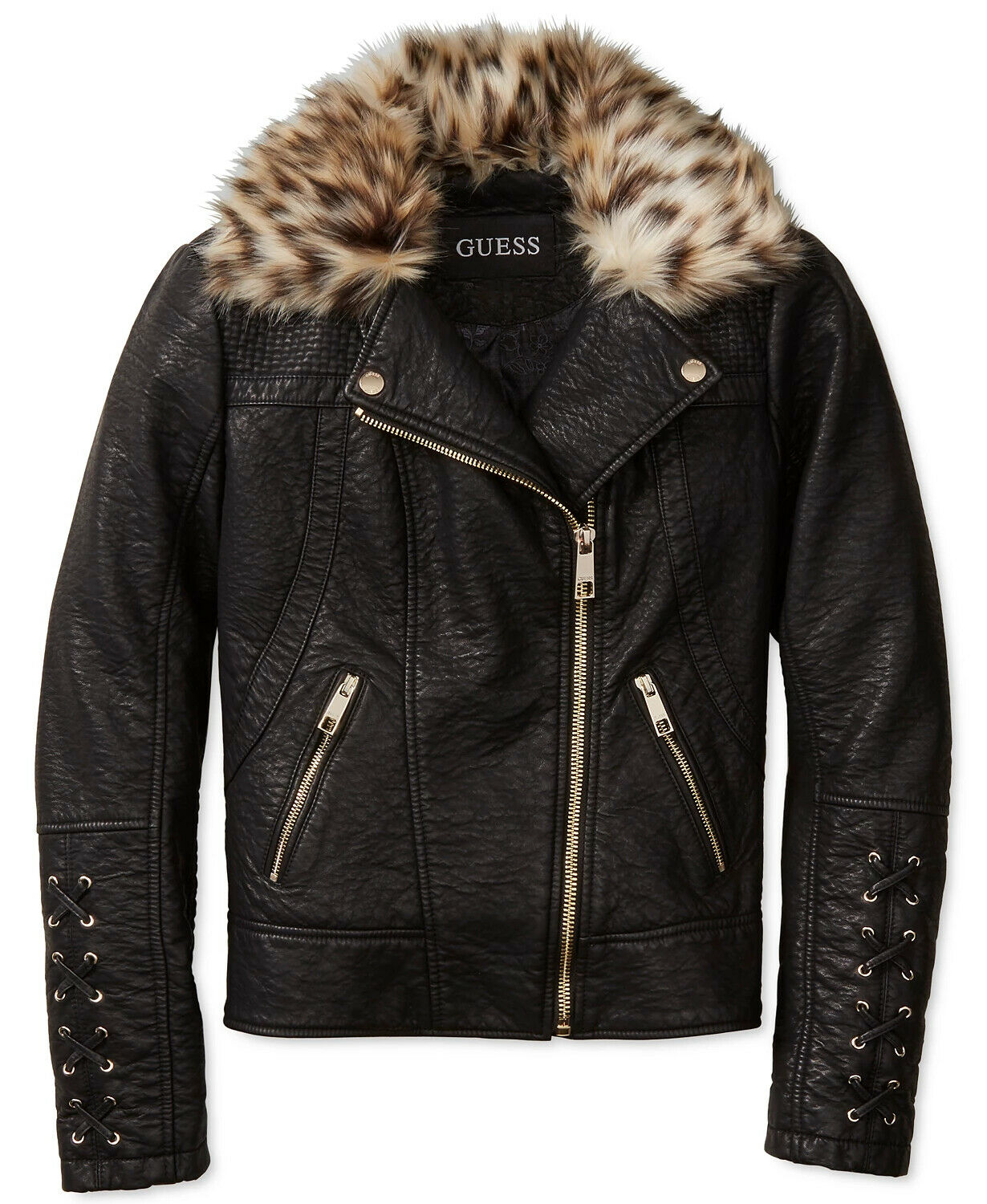 GUESS Women’s Faux-Leather Moto Jacket with Leopard-Print Faux-Fur Collar 22LMU473 Size XS