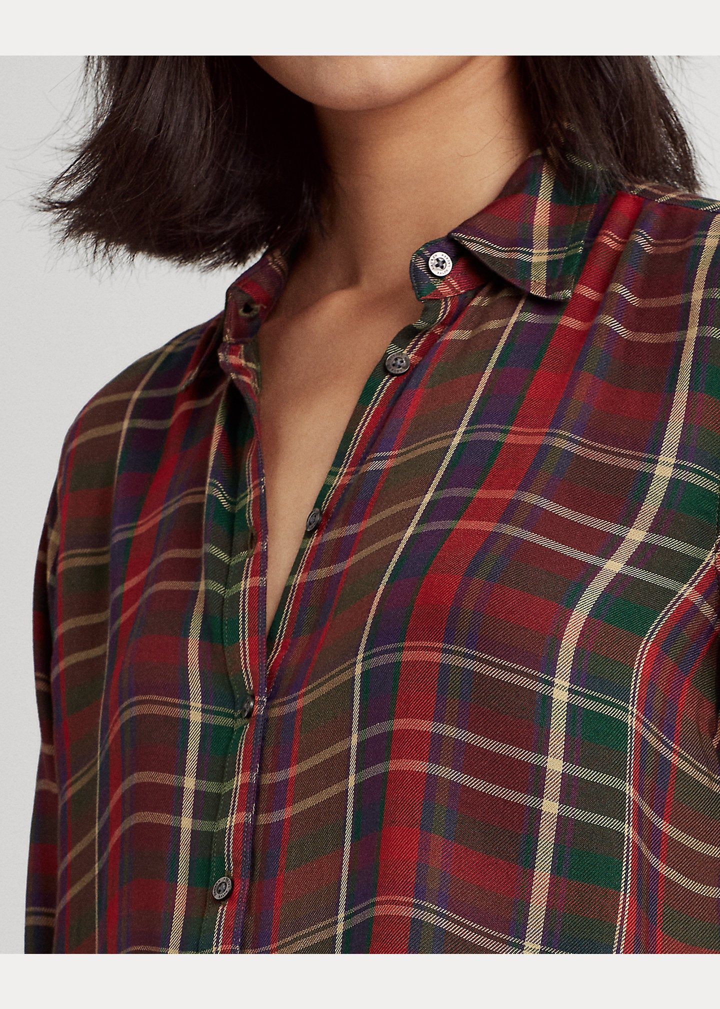 Lauren Ralph Lauren Womens Plaid Roll-Tab-Sleeve Twill Shirt Color Red Multi Size L