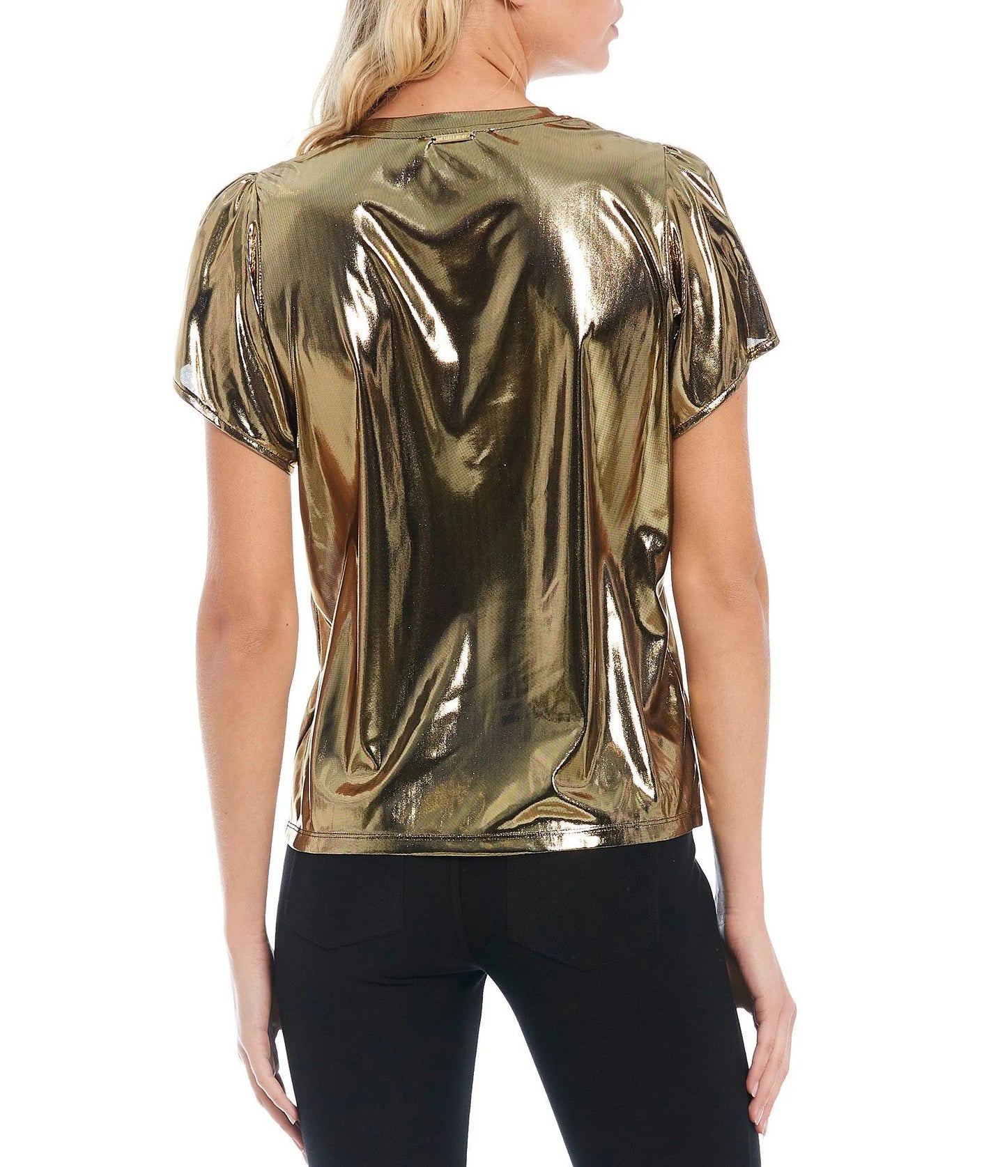 Michael Kors Women's Petites Foil Jersey Petal Sleeve Top Color Gold Size PM
