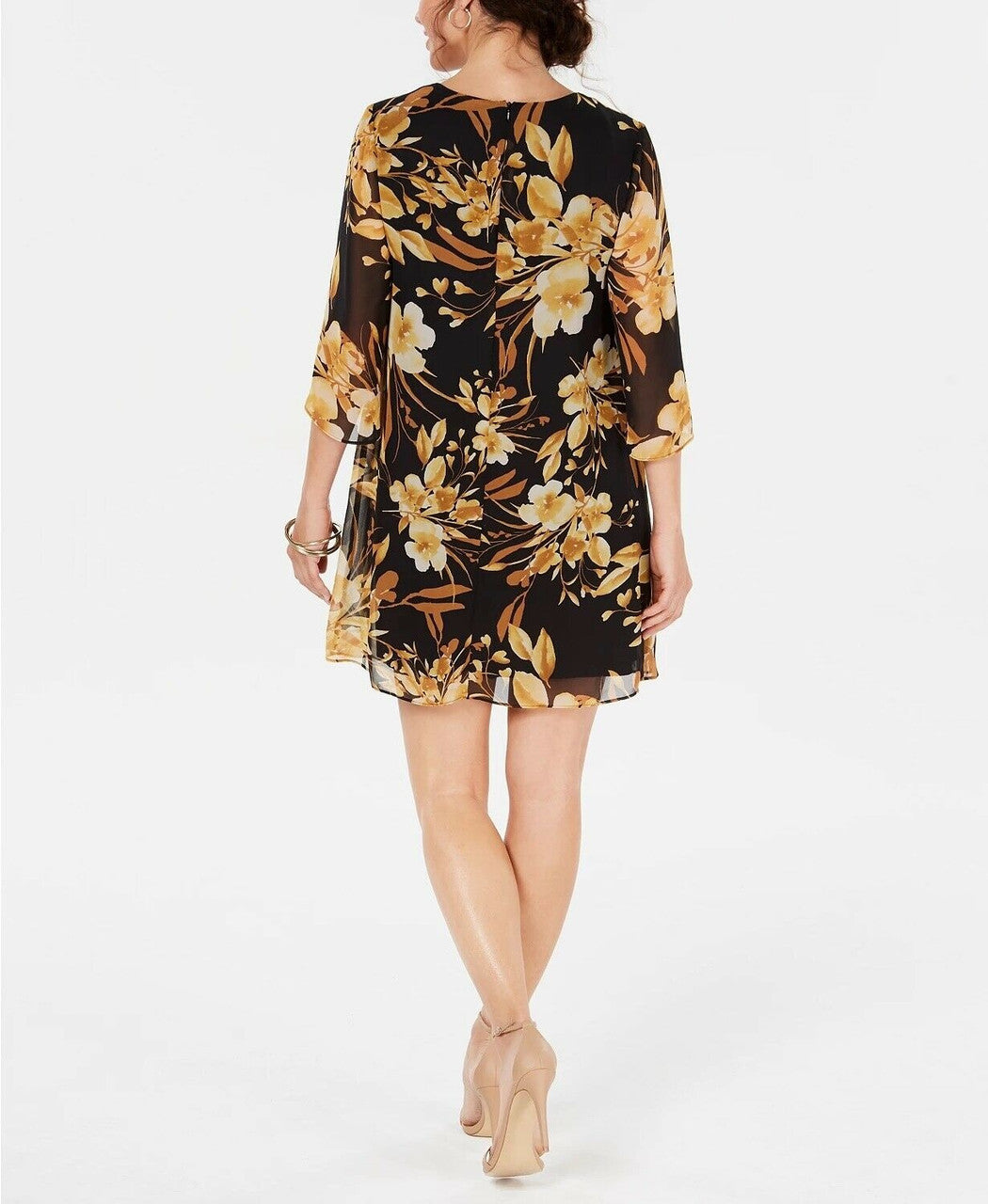 Connected Women's Petite Floral Chiffon Keyhole Dress Color Dark Yellow Size 8P