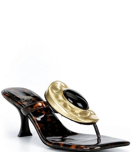 Jeffrey Campbell Women's Bazaar Embellished Vinyl Tortoise Sandals  Black/Gold Tortoise Size 8