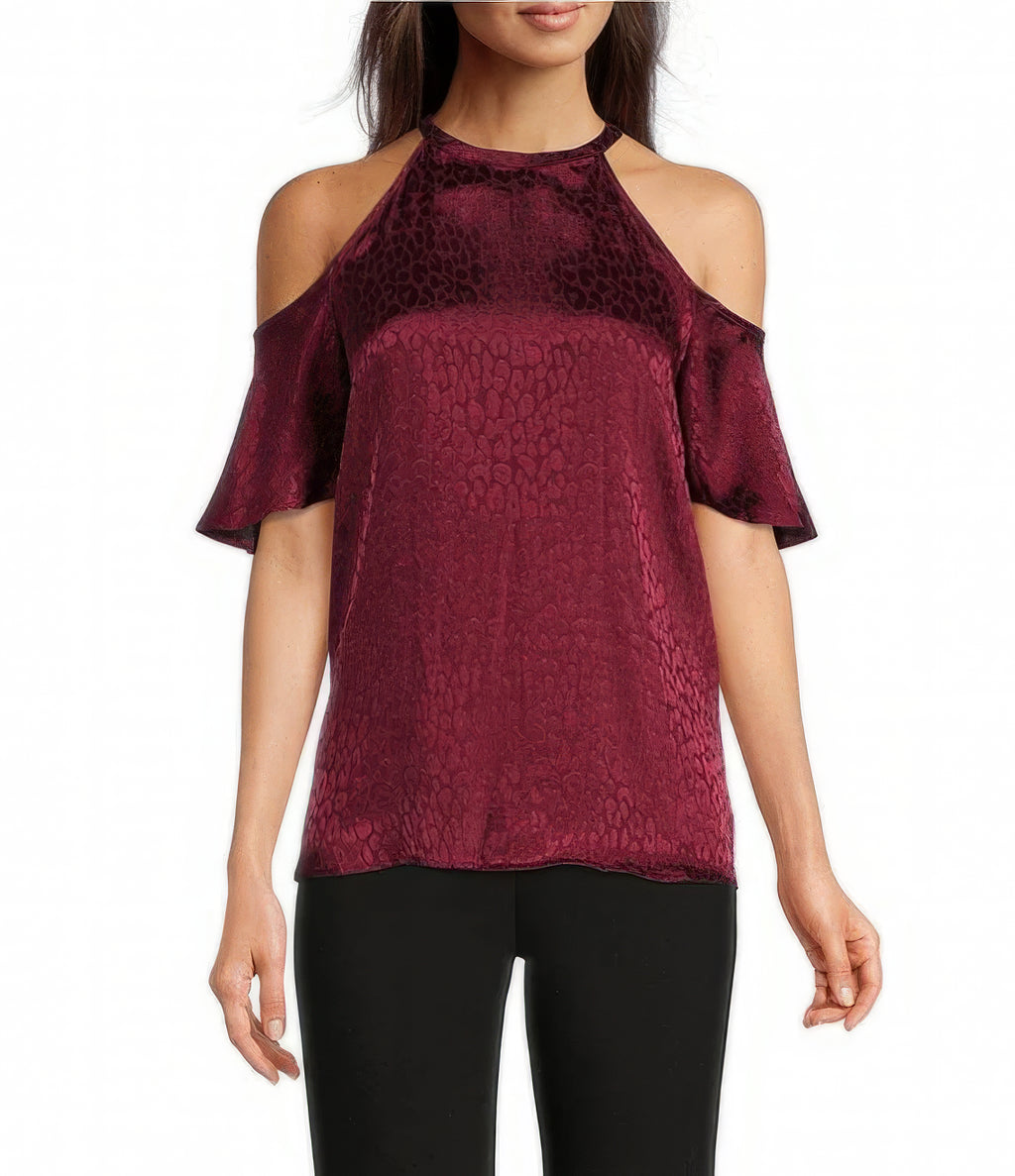Michael Kors Cheetah Plisse Jacquard Chain Halter Neck Top  Color Dark Ruby Size M