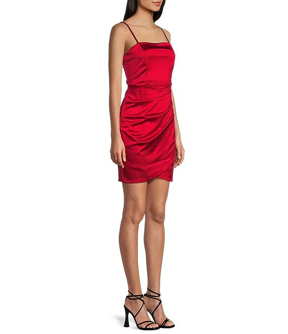 Emerald Sundae Juniors Ruched Asymmetric Bodycon Dress  Red Size XL