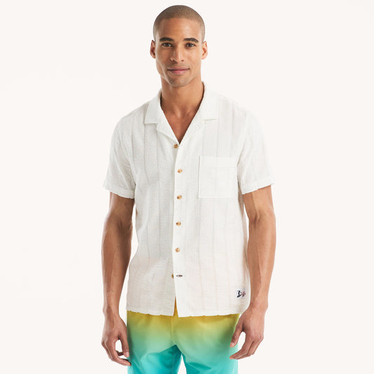 Nautica Men's Seersucker Camp Short-Sleeve Camp Shirt  Egret Size XL