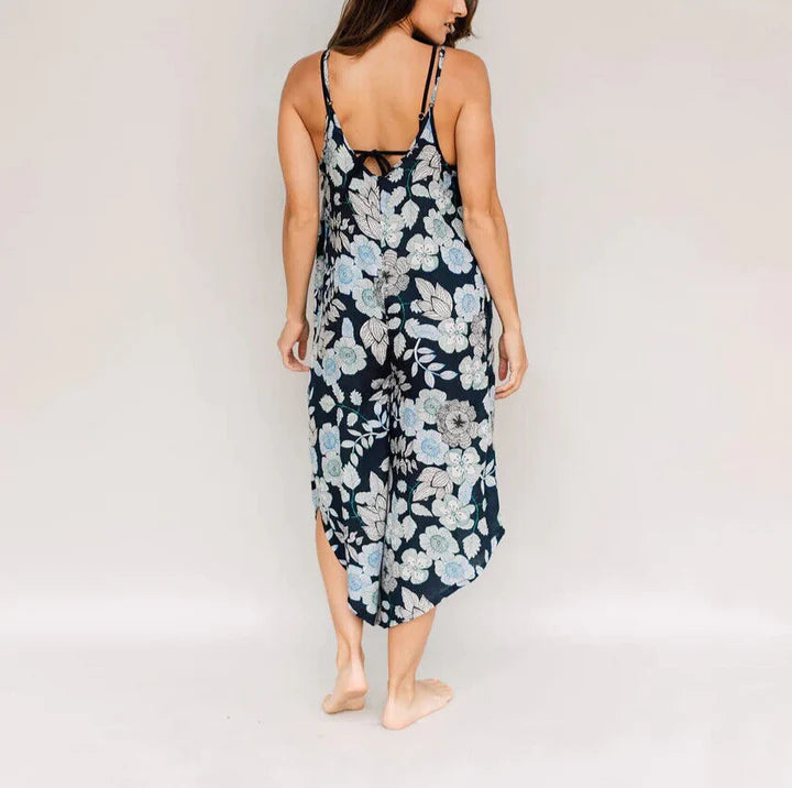 J Valdi Printed Flowy Cropped Jumpsuit Cover-Up  Color Navy Blue Floral Size XS