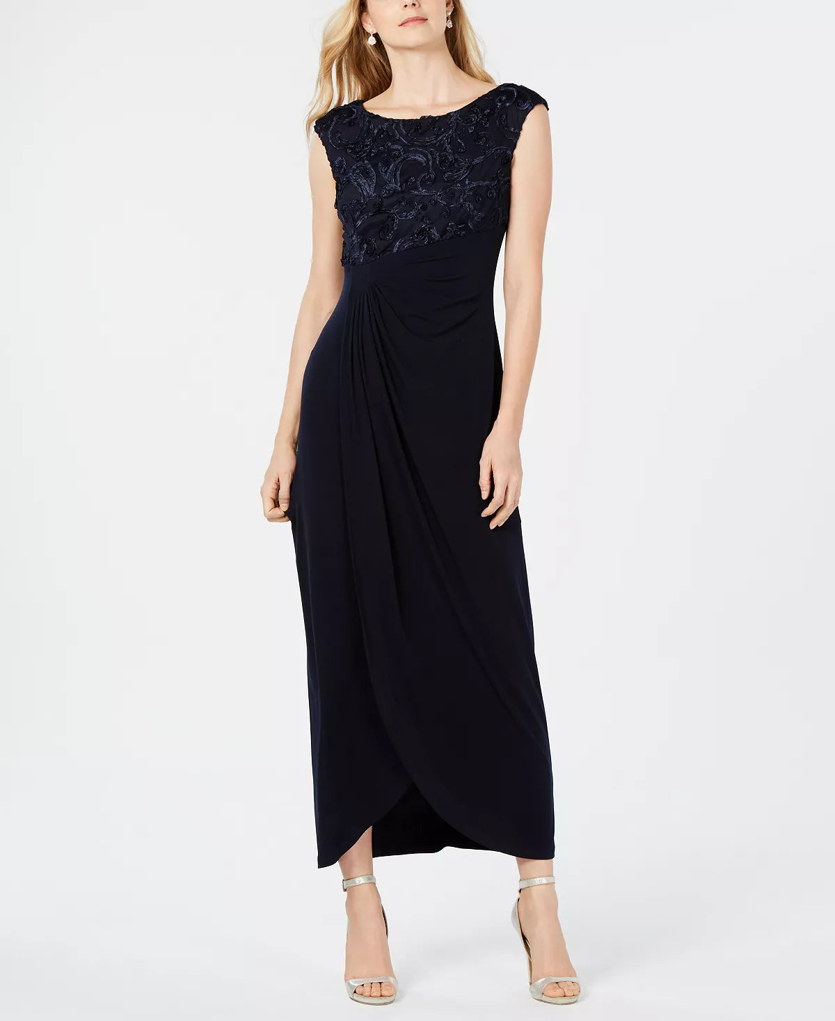 Connected Soutache Faux-Wrap Gown  Navy Size 16