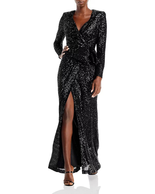 Eliza J Sequin Long Sleeve Wrap Gown  Color Black Size 4