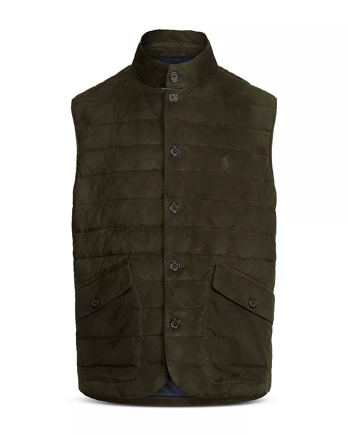 POLO RALPH LAUREN Men's Quilted Suede Gilet Vest  Color Dark Loden Size L