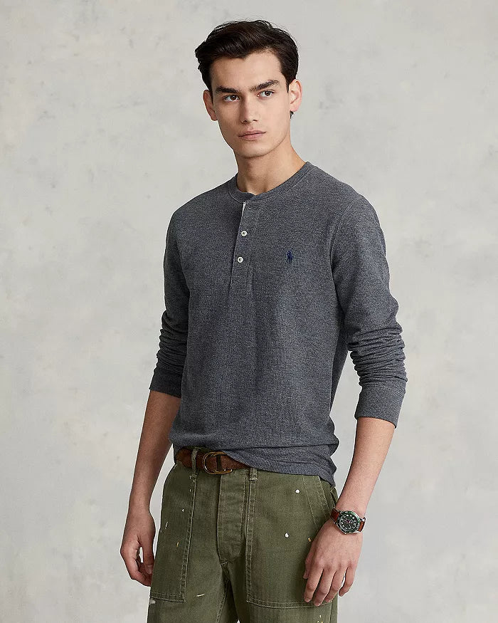 Polo Ralph Lauren Men's Cotton Blend Double Knit Henley  Color Medium Flannel Heather Size M