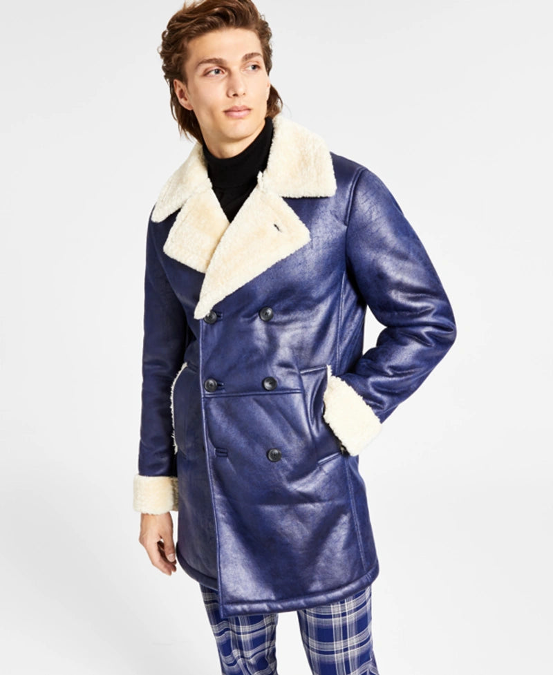 INC International Concepts Men's Faux-Fur-Trim Faux-Leather Coat  Color Navy Bud Size M