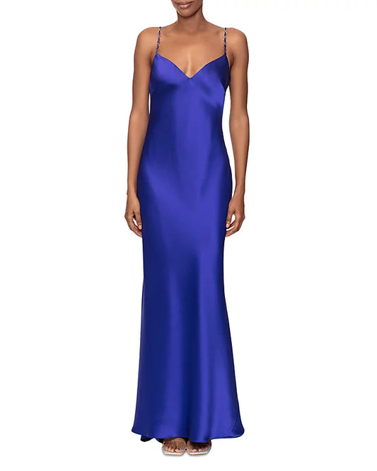 AQUA Satin Cowl Open Back Gown  Color Cobalt Size 2