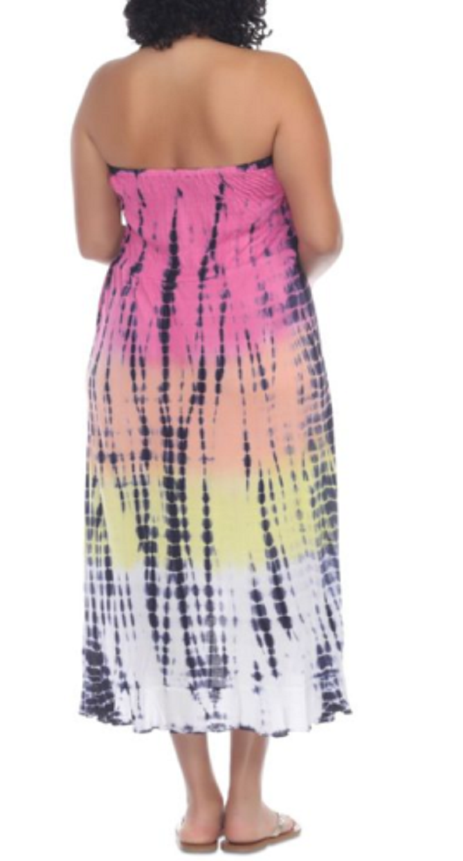 Raviya Plus Size Smocked Waterfall Tube Dress Cover-Up  Color Candy Pink Tie Dye Size 2X
