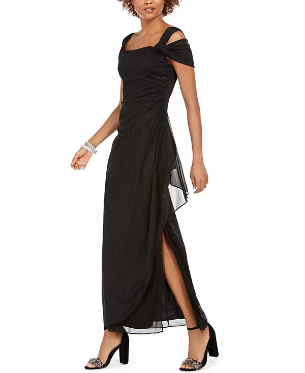 Alex Evenings Women's Cold-Shoulder Draped Metallic Gown  Black Size 8
