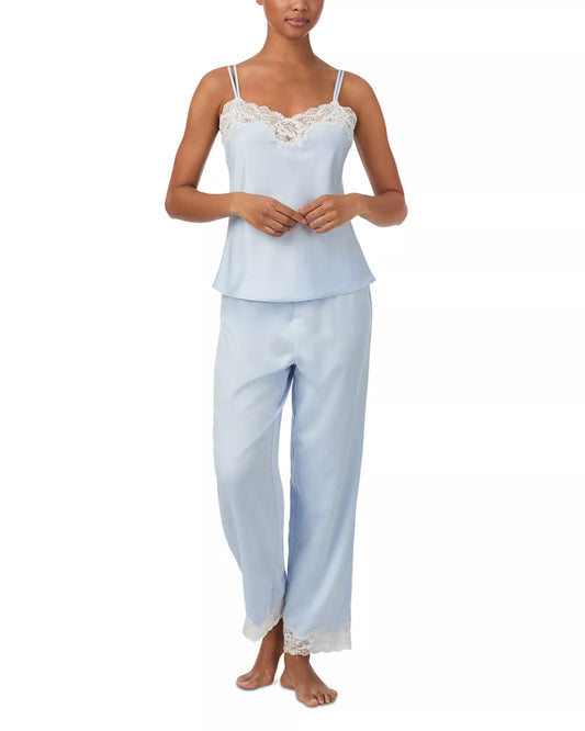 LAUREN RALPH LAUREN Women's Satin Lace Cami Top & Ankle Pant Pajama Set  Blue Size S