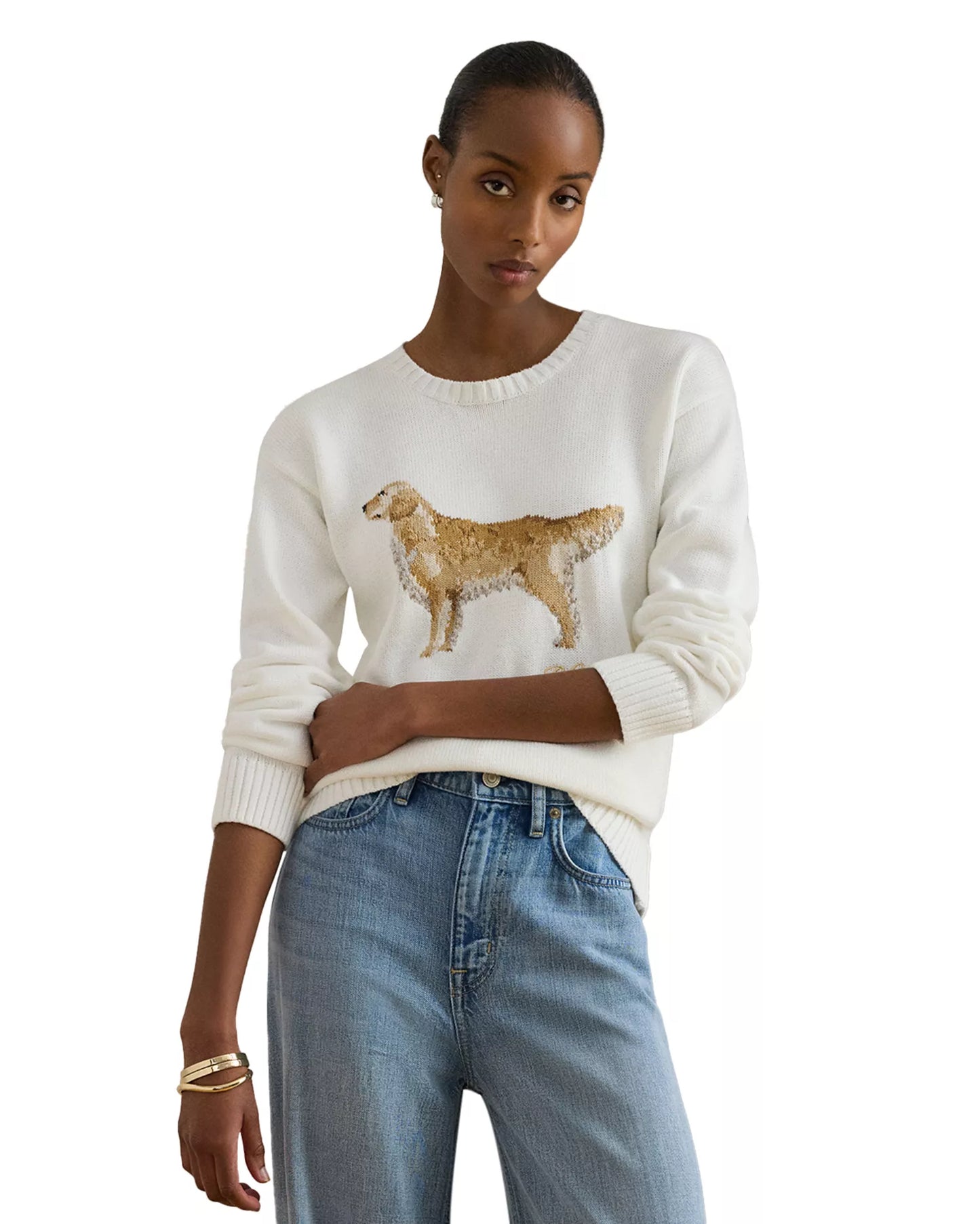 LAUREN RALPH LAUREN Women's Intarsia Knit Golden Retriever Sweater	White Size M