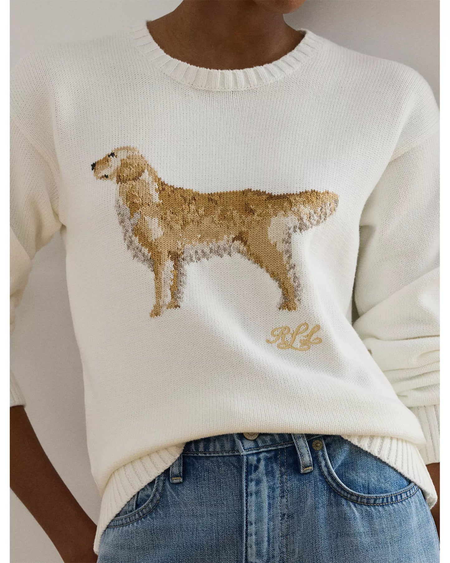 LAUREN RALPH LAUREN Women's Intarsia Knit Golden Retriever Sweater	White Size M