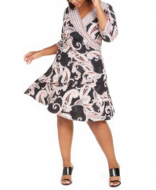 Signature By Robbie Bee Plus Size Paisley-Print Wrap Dress  Color Black/Pink Multi Size 3X