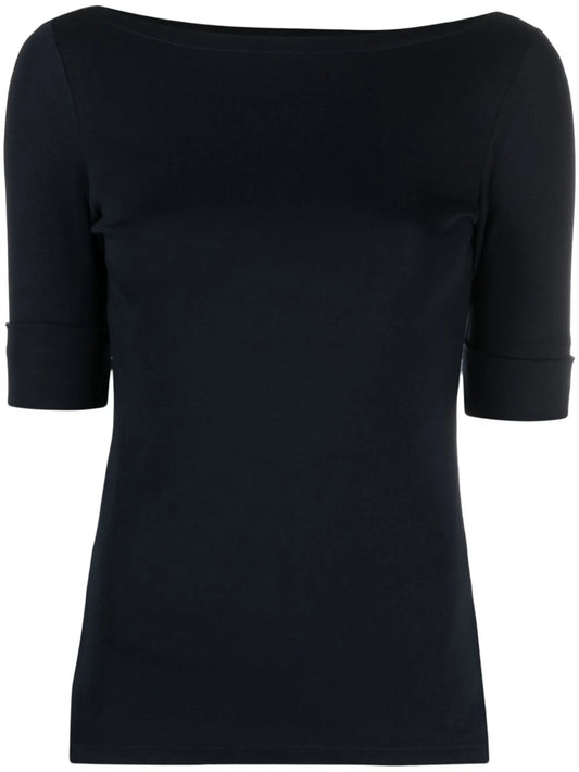 Lauren Ralph Lauren Women's Stretch Cotton Boatneck Tee  Navy Size L