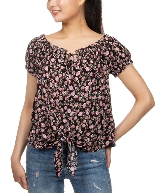 Hippie Rose Juniors' Floral Print Peasant Top  Color Black Floral Size L